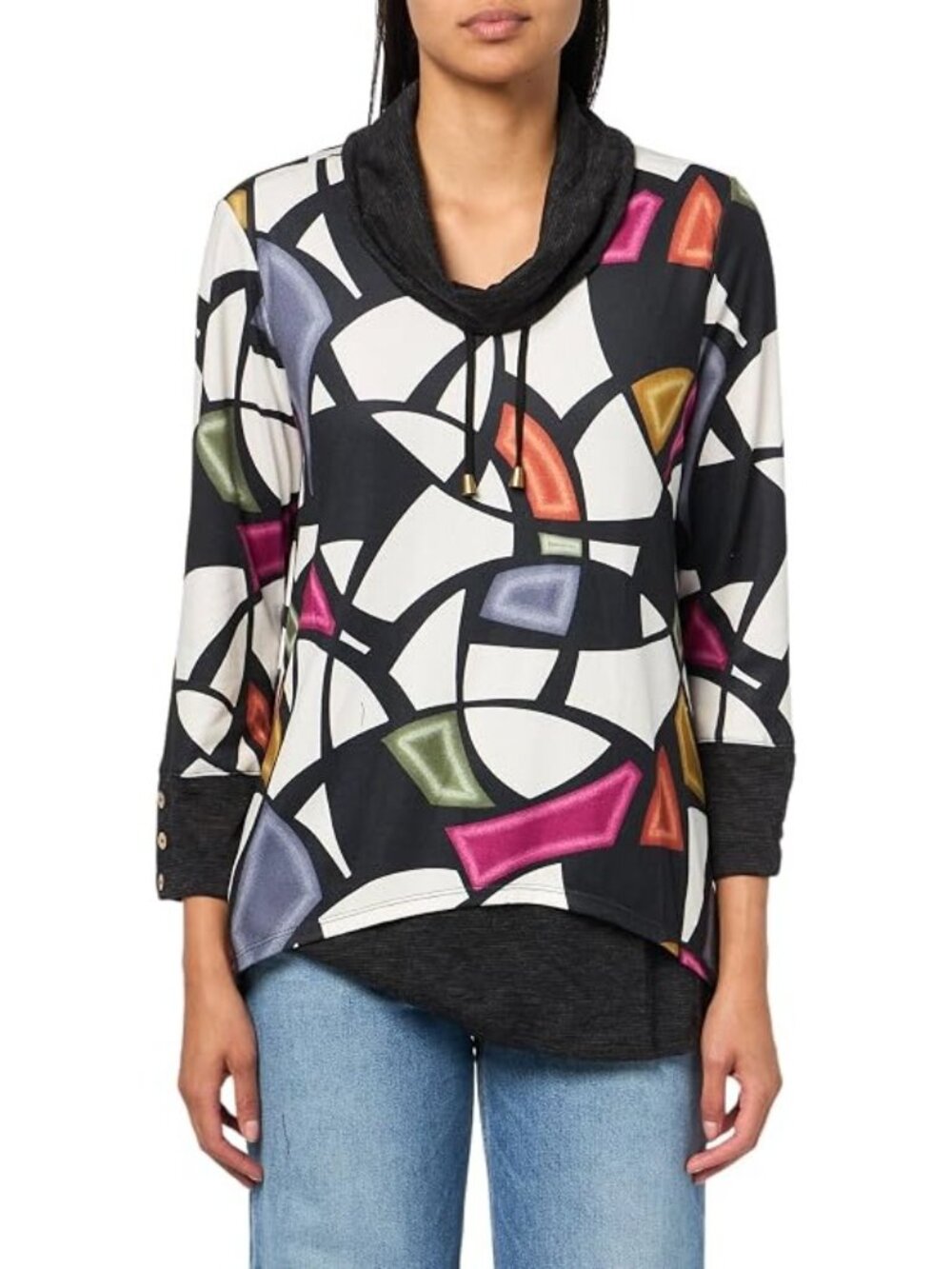 Ali Miles Colorful Geometric Print Tunic Top Funnel Cowl Neck Artsy Women L